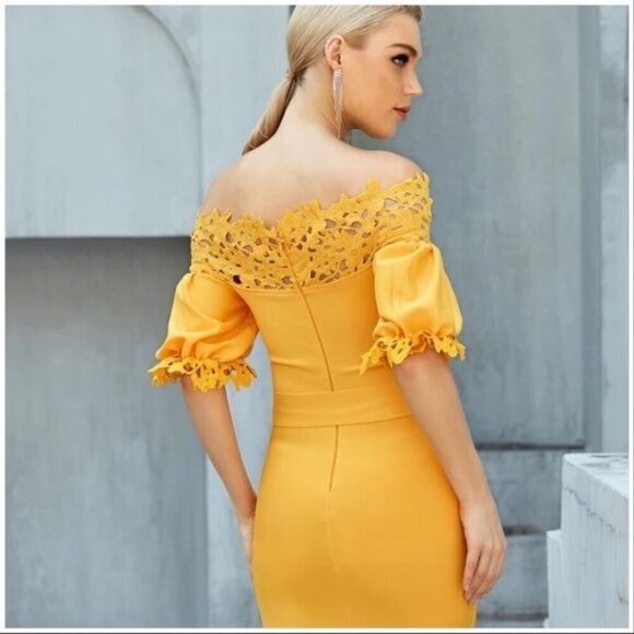 Yellow off the shoulder laser cut dress with lantern sleeves M - Picture 3 of 11